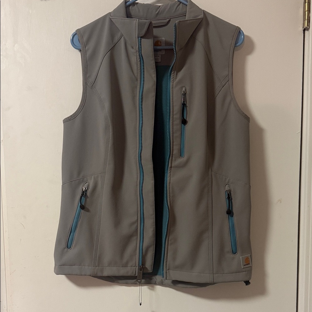 Carhartt Teal and Light Gray Jacket Interior with Gold Logo Patch
